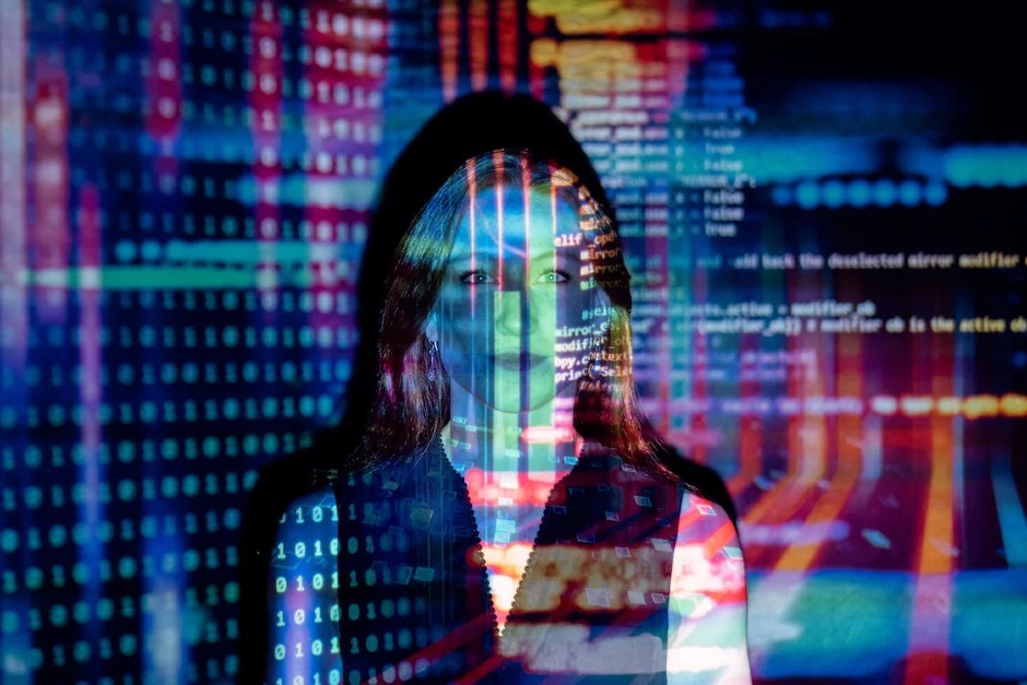 Woman with code projected over her
