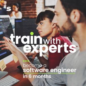 Train With Experts Graphic Image white text and green accent's with people coding in background Army Vet To Software Developer