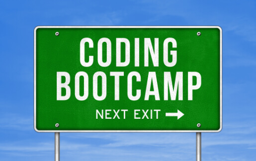 Freeway Exit Sign that says Coding Bootcamp Next Exit with Blue sky behind it Career Switch