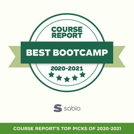 Green and white infographic from course report showing Sabio as top pick for 2020-2021 best bootcamp