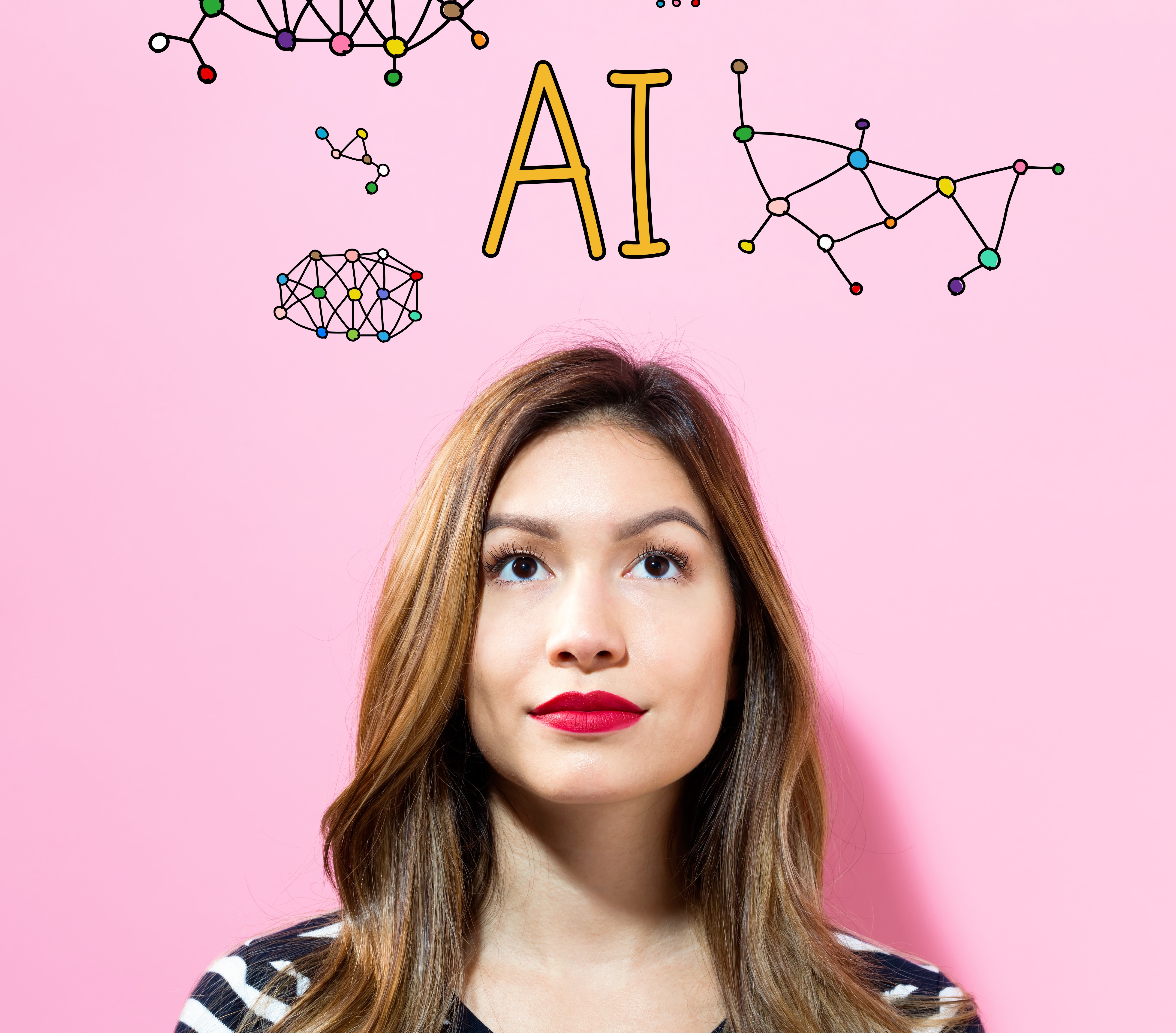 Young woman looking out of frame. The letters &#39;AI&#39; over her head with some designs around it.