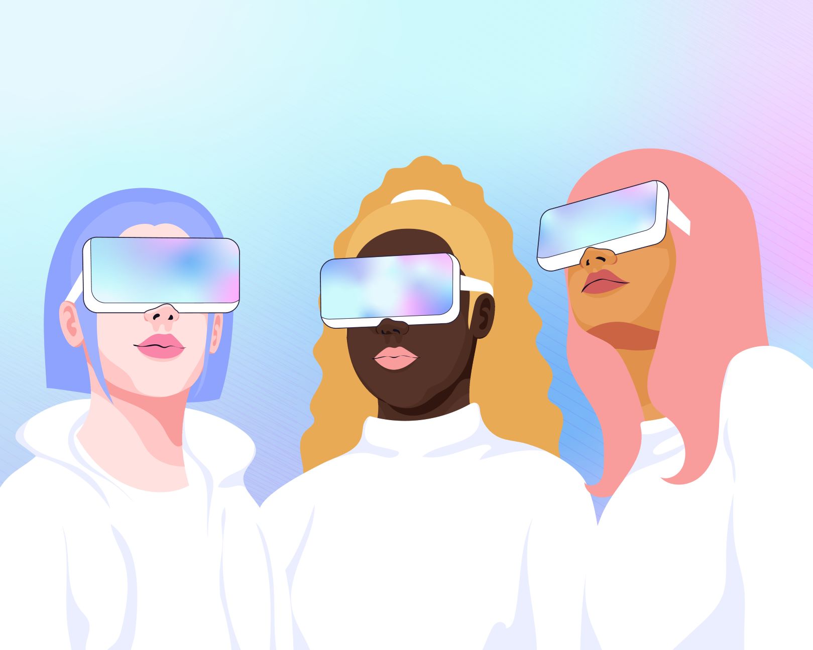 Drawing of 3 women wearing vr headsets.